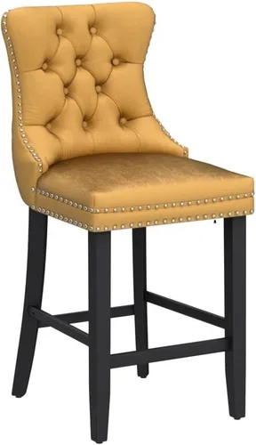 Vista 217 de SoarFlash Juego de 2 taburetes de bar tapizados de terciopelo moderno con patas de madera, botones acolchados, cabeza de clavo cromada, asiento