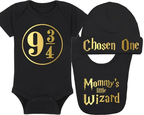 Vista 66 de Sombrero de bebé Wizard - Chosen One (tela negra - diseño dorado)
