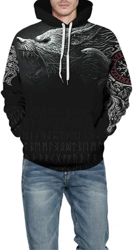 Vista 3 de ENLACHIC Sudadera con capucha con estampado digital 3D de tatuaje vikingo, para hombre