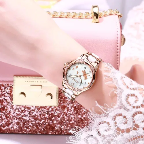 Vista 3 de OLEVS Relojes de oro rosa para mujer correa de acero inoxidable de cerámica reloj mecánico automático calendario de puntero luminoso impermeable