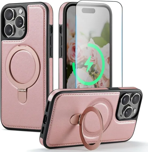 Vista 21 de Funda para iPhone 13 con soporte compatible con Magsafe, color negro Magnetic Kickstand, with Tempered Glass Screen Protector, Durable PU Leather