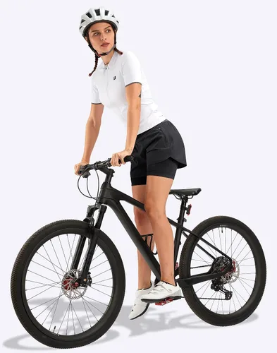 Vista 6 de Bikewa Pantalones cortos de ciclismo de montaña para mujer, acolchados en 4D, con bolsillos con cremallera