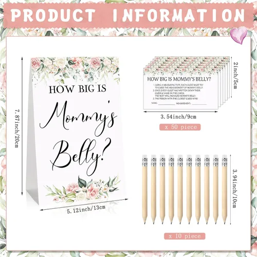 Vista 95 de Sabary 64 Piezas Juegos de Baby Shower Incluyen Letrero How Big is Mommy's Belly Sign Measure Bump Game 50 Tarjetas 10 Lápices 3 Cintas Métricas