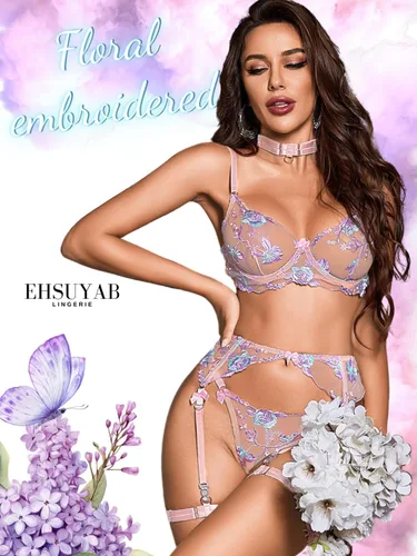 Vista 4 de 5 lencería para mujer, bordado floral, lazo de satén, círculo de corazón