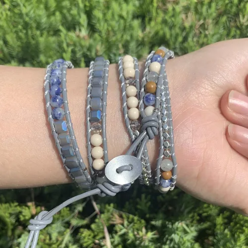 Vista 5 de Ygline Pulsera bohemia hecha a mano, con piedra de cristal, envolvente, de cuero, para mujer