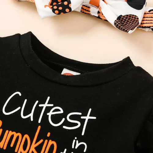 Vista 7 de Noubeau My 1st Halloween Baby Girl Outfits Ruffle Pumpkin Print Túnica Drees Camisa Pantalones Rayas Legging Otoño Invierno Ropa