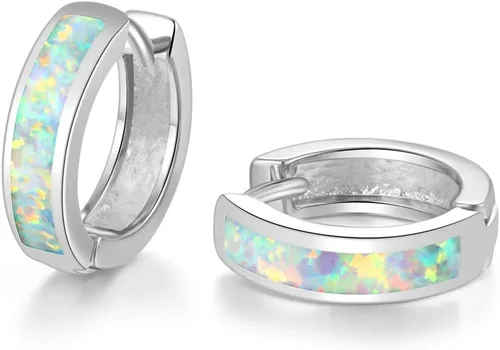 Vista 245 de CiNily Aretes Huggie de ópalo con bisagras, chapados en oro, hipoalergénicos, pequeños aretes de aro para mujeres, adolescentes, niñas, hombres