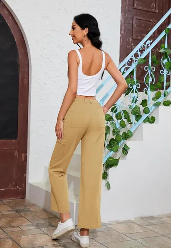 Vista 3 de Rasutina Women Petite Cargo Pants High Waisted Pants with 6 Pockets Wide Leg Trousers