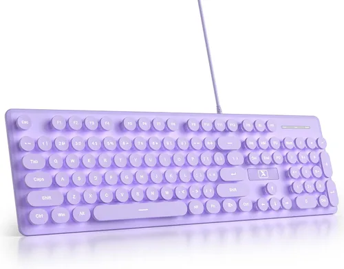 Vista 7 de surmen Bonito teclado silencioso con cable retro con cable, teclados suaves de tamaño completo con bloc de números, teclas redondas, USB Beige