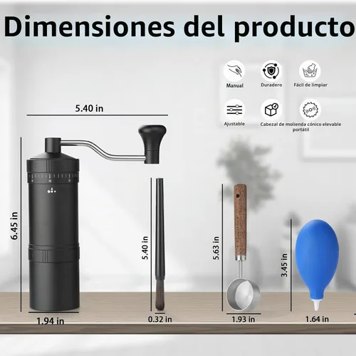 Vista 2 de Molinillo de café manual con rebaba cónica de acero inoxidable de 7 estrellas, molinillo de café portátil con ajuste de molienda ajustable externo