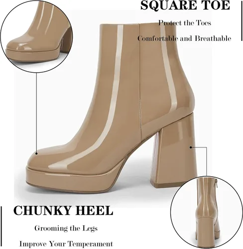 Vista 5 de Rilista Botas de plataforma para mujer, tacones altos y gruesos, botines de tobillo con punta cuadrada y cremallera lateral