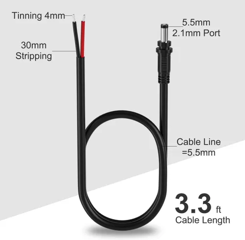 Vista 4 de Cable de alimentación de CC de 18 AWG, conector de enchufe de barril de CC de 0.083 in x 0.217 in, enchufe macho a cable desnudo, cable