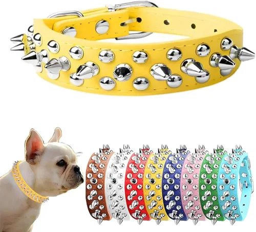Vista 13 de Collar de perro con pinchos para perros pequeños, collares de cachorro macho con pinchos de cuero PU con remaches de hongos, collares tachonados