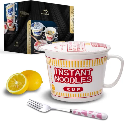 Vista 6 de Tazones de ramen con tapa y asa, lindos tazones de fideos instantáneos para ramen, juegos de cuencos grandes de cerámica con tenedor, regalo para 2