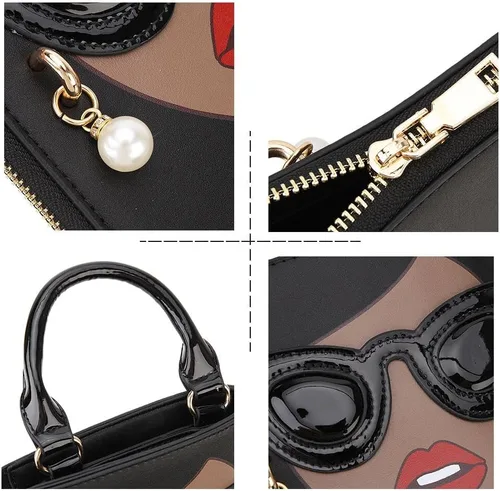 Vista 8 de Bolso de hombro para mujer, novedad con cara de mujer, bolso con asa superior y diseño funky de piel sintética, bolso de mano con asa superior