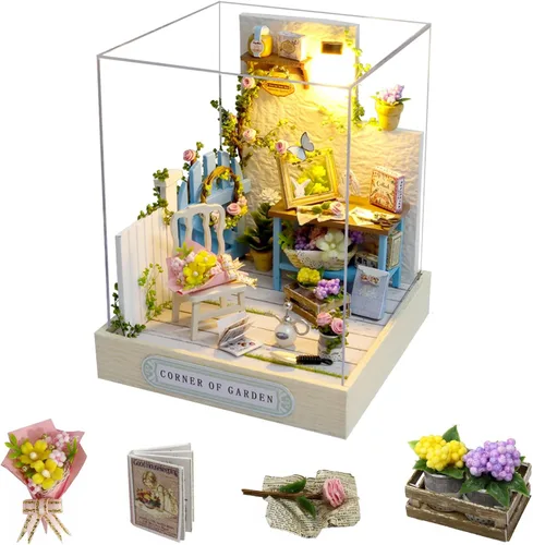Vista 11 de CUTEROOM Juego de bricolaje para casa de muñecas en miniatura con muebles de madera, kit de casa de madera con cubierta antipolvo y luz LED