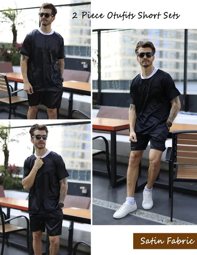 Vista 4 de Ekouaer Conjunto de pijama de manga corta para hombre, satén