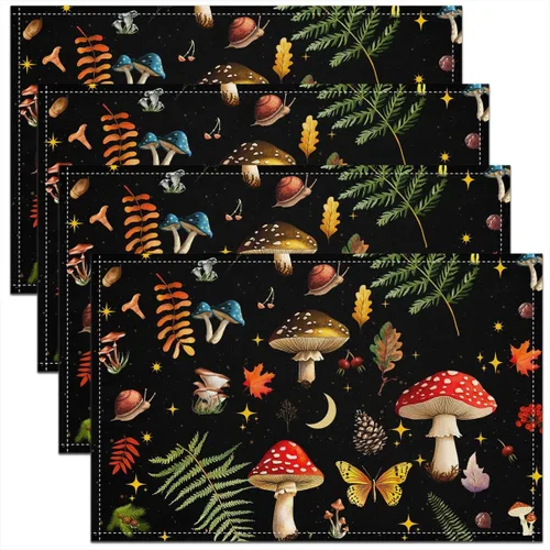 Vista 14 de Juego de 4 manteles individuales con diseño de hongos salvajes, acuarela, plantas naturales, decoración de plantas, para niños, adolescentes
