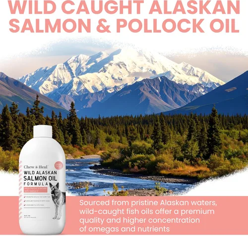 Vista 5 de Aceite de pescado de salmón salvaje de Alaska para perros, 16 onzas de fórmula de aceite de pescado, botella con tapa de bomba, contiene omega-3