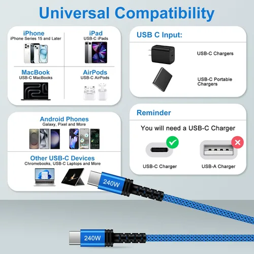 Vista 6 de Cable de carga Samsung de 240 W, cable de carga USBC súper rápido, 6 pies, paquete de 2 cables USB C a USB C, cable de carga de teléfono Android