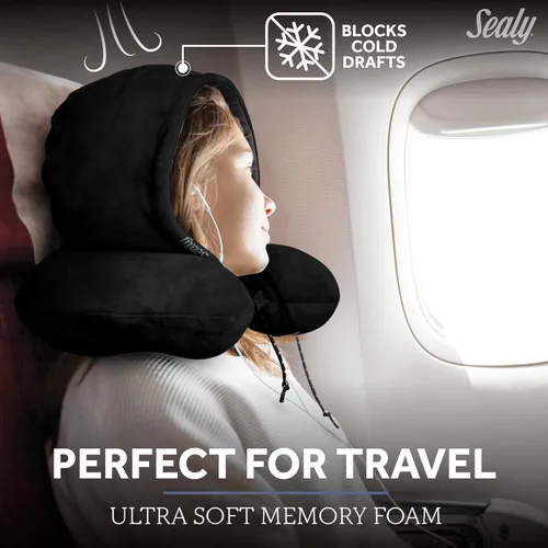 Vista 2 de Sealy Almohada de viaje - Almohada de cuello de avión con capucha, almohada de cuello de viaje para aviones, almohada de viaje de espuma