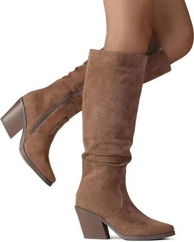 Vista 2 de Putu Botas altas hasta la rodilla con punta puntiaguda para mujer, botas de tacón grueso apiladas, con cremallera lateral, botas altas holgadas