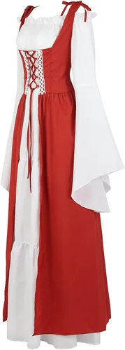 Vista 2 de Disfraz renacentista para mujer, conjunto de vestido irlandés medieval de talle alto y blusa bohemia gótica.