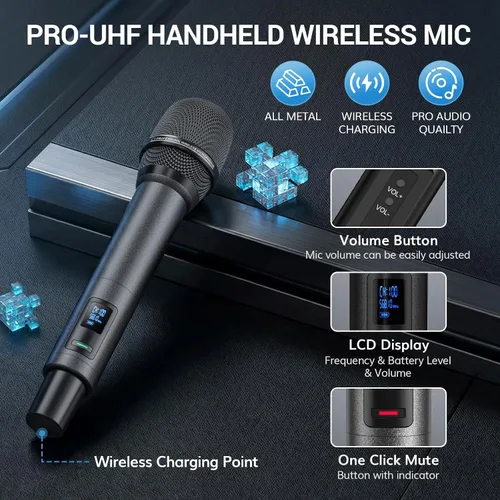 Vista 3 de TONOR Micrófonos inalámbricos Bluetooth, sistema de micrófono inalámbrico UHF recargable para fiestas en casa, doble mano de metal de 260 pies