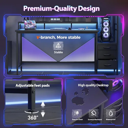 Vista 8 de Mericonia Escritorio para juegos con tomas de corriente y luces LED, escritorio reversible para computadora con soporte para caja de PC, cajones