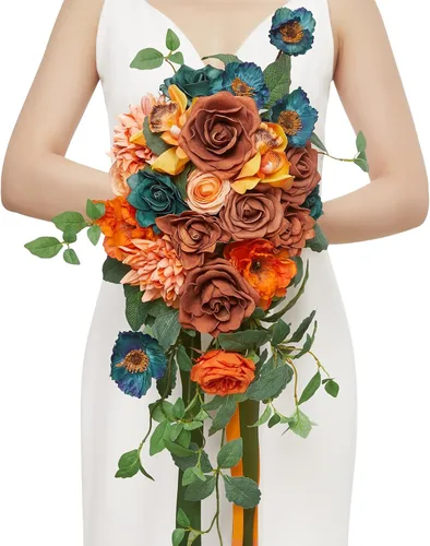 Vista 10 de Serwalin Ramos de boda de 9.8 pulgadas para novia y dama de honor, peonías rosa empolvado, ramos de flores de novia para boda, ramo de lanzamiento