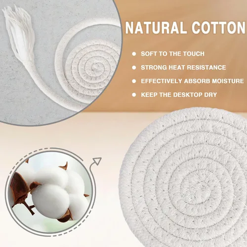 Vista 3 de 12 posavasos tejidos de algodón para bebidas con cesta (negro) 4.3" absorbent cotton woven coasters with 0.35" thick design; helps protect wooden