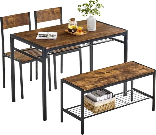 Vista 15 de VECELO Mesa de comedor de cocina con 2 sillas y banco, diseño compacto que ahorra espacio, marco de acero de fácil montaje, perfecta