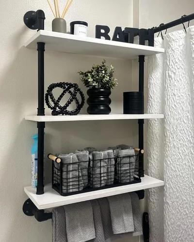 Vista 9 de ROGMARS - Estantería industrial de tuberías para baño, estantes flotantes negros de 24 pulgadas para baño con toallero y ganchos, estantes montados