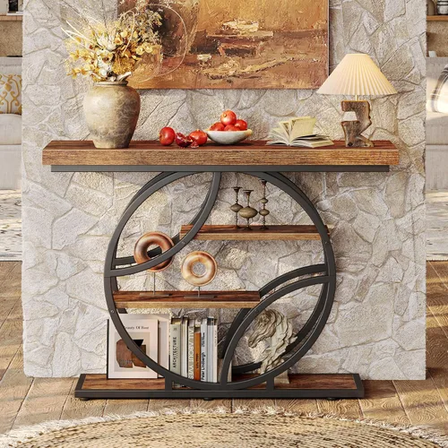 Vista 6 de Huuger Mesa de entrada de 41.3 pulgadas, mesa de sofá industrial con consola y almacenamiento, mesa de acento con estantes, para entrada, pasillo