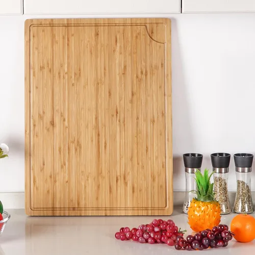 Vista 4 de Tabla de cortar de madera de bambú extragrande, tabla de cortar de madera de cocina de 24 x 18 pulgadas con ranura para jugo, tabla de cortar
