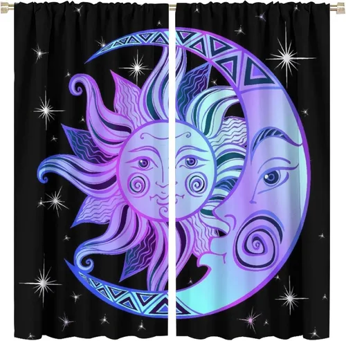 Vista 10 de Cortinas Florales de Luna Flores Silvestres Fase Jardín Iluminado por la Luna Estética Boho Primavera Naturaleza Juego de Tratamiento de Ventana