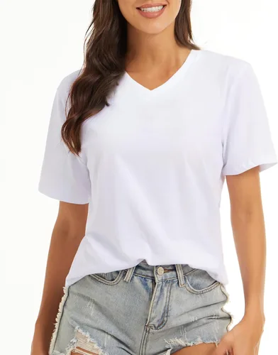 Vista 4 de LOVFEE Camiseta básica de algodón con cuello en V y manga corta para mujer, holgada, informal, camiseta de verano
