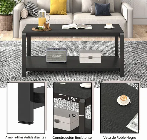 Vista 6 de EXCEFUR Mesa de café negra, mesa central moderna de madera rústica para sala de estar, mesa de té industrial rectangular de cóctel con estante