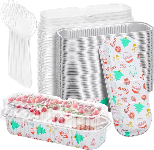 Vista 23 de Paquete de 100 mini moldes para pan de Navidad con tapas, mini moldes para pasteles con tapas y cucharas, moldes de papel de aluminio de 6.8 onzas