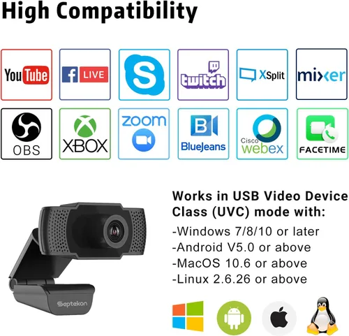 Vista 5 de Septekon Cámara web HD 1080P con micrófono, cámara web de computadora de transmisión para portátil/escritorio/Mac/TV, cámara USB para videollamadas
