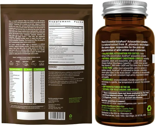 Vista 6 de Igennus - Polvo de proteína de colágeno de vainilla vegana + paquete vegano de complejo de astaxantina, fórmula estimulante de colágeno + 4 mg de H.
