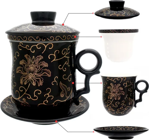 Vista 16 de Taza de té de porcelana con tapa de infusor y juegos de platillos – Taza de café de cerámica china Jingdezhen Taza de té de hoja suelta Sistema