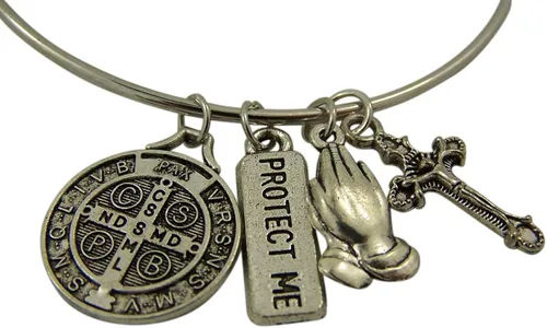 Vista 3 de Pulsera con dije católico con San Benito, San Miguel, Medalla Milagrosa, Cruz de cuatro vías, crucifijo y más colgantes de medalla, 7 12 pulgadas