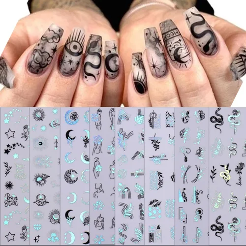 Vista 18 de Calcomanías líquidas para arte de uñas, diseño de mariposa, negro, plateado, mariposa, luna, 3D, autoadhesivas, suministros de arte de uñas