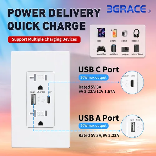 Vista 2 de 3GRACE Toma de corriente USB de pared, receptáculos de tomas de cargador con puertos USB C de 4.2 A, enchufe dúplex de 20 amperios resistente a