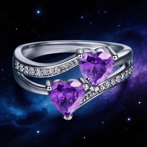 Vista 6 de Anillo de promesa de boda con topacio azul y blanco, chapado en plata de ley 925, con doble corazón