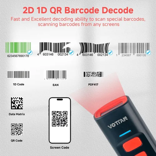 Vista 2 de VOTTAN Escáner de código de barras QR Bluetooth con soporte de carga, lector de código de barras de bolsillo 1D 2D PDF417 UPC, escaneo automático
