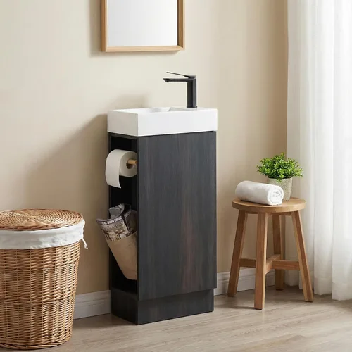 Vista 2 de Tocador de baño pequeño de 16 pulgadas con fregadero, color negro: espacio pequeño, 2 soportes para papel higiénico y bolsillo de almacenamiento