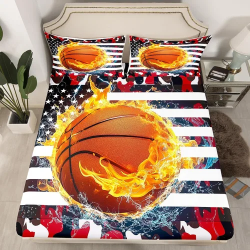 Vista 25 de Erosebridal American Flag Fitted Sheet Twin, Hockey Bedding Set United States Sports Games Bed Sheets for Kids Boys Teens Bedroom, Red White