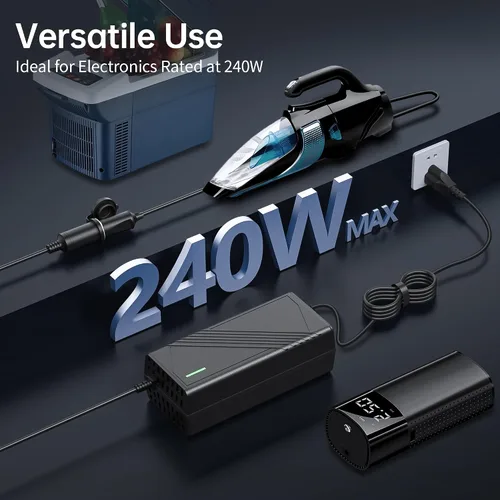 Vista 2 de Convertidor C20 de CA a CC actualizado de 20A/240W/11.61FT/110V-240V a 12V Adaptador de corriente para coche, adaptador de enchufe de encendedor